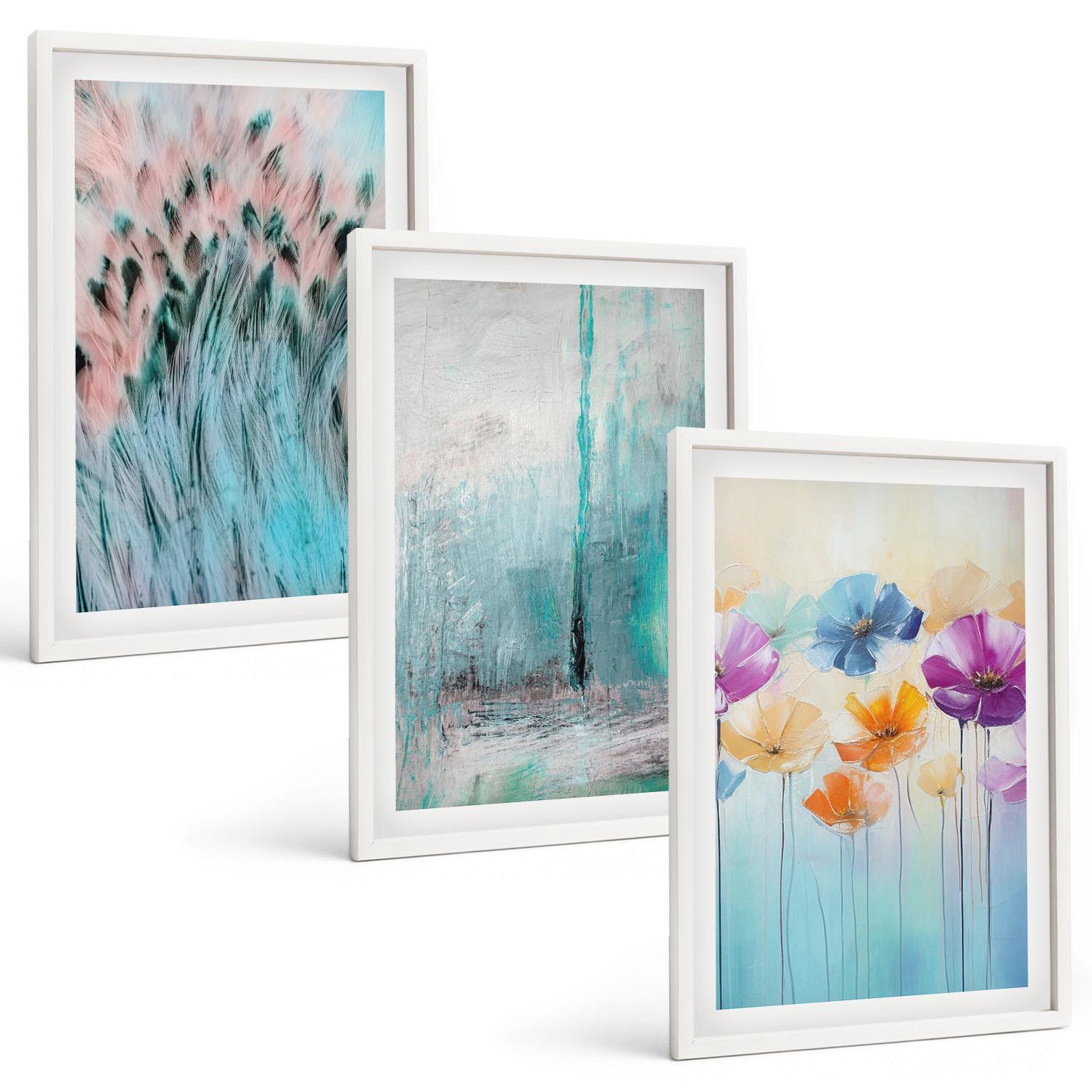 BILDER SET 3er Set - 40x60 cm Weißer Rahmen - Hintergrundmuster mit Pastellblumen - Weiß, Kunststoff (40/60cm) - TULUP
