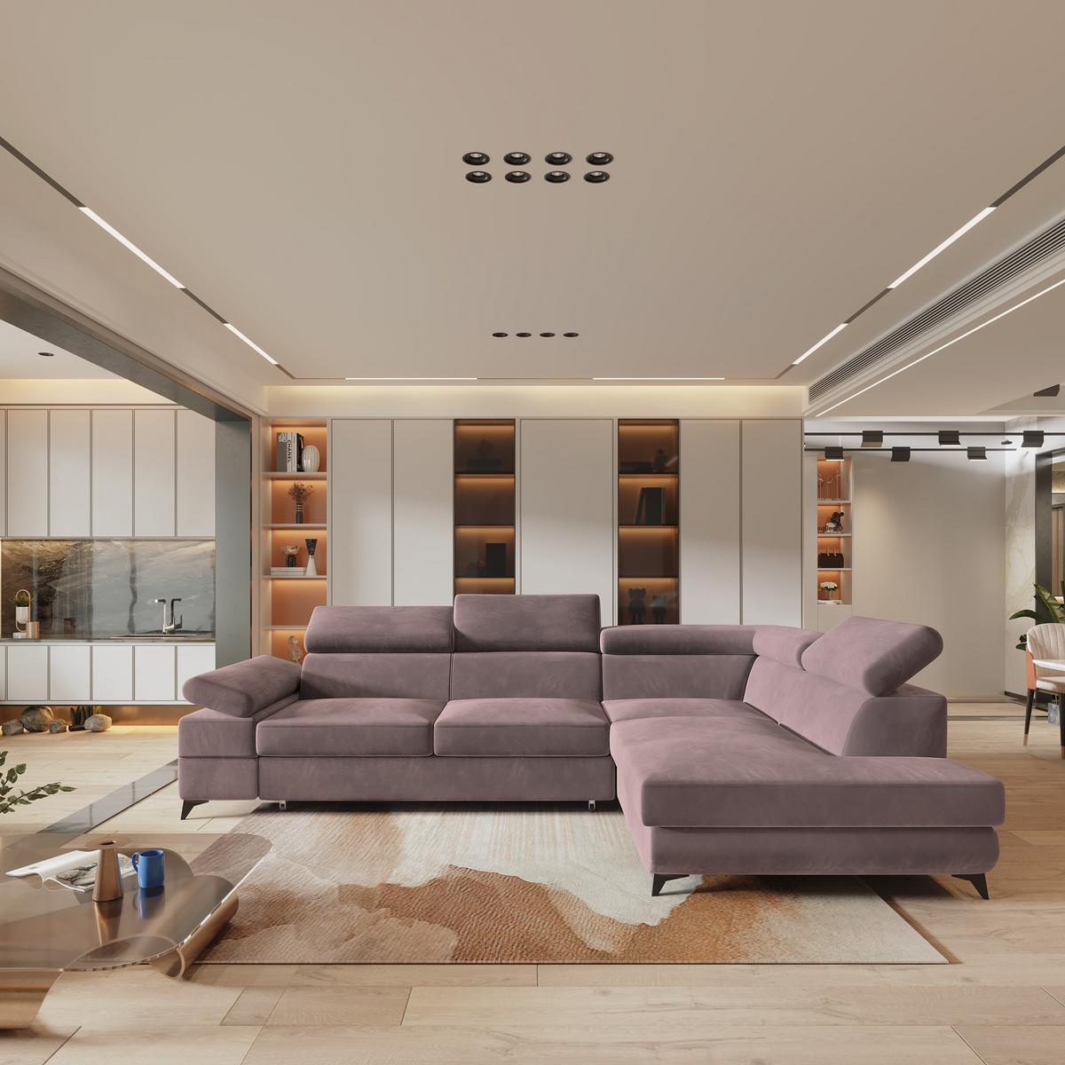 ECKSOFA FAVIEN R-S Lila Velours-Stoff mit Schlaffunktion - Lila, Holz (257/190cm) - MASSENO
