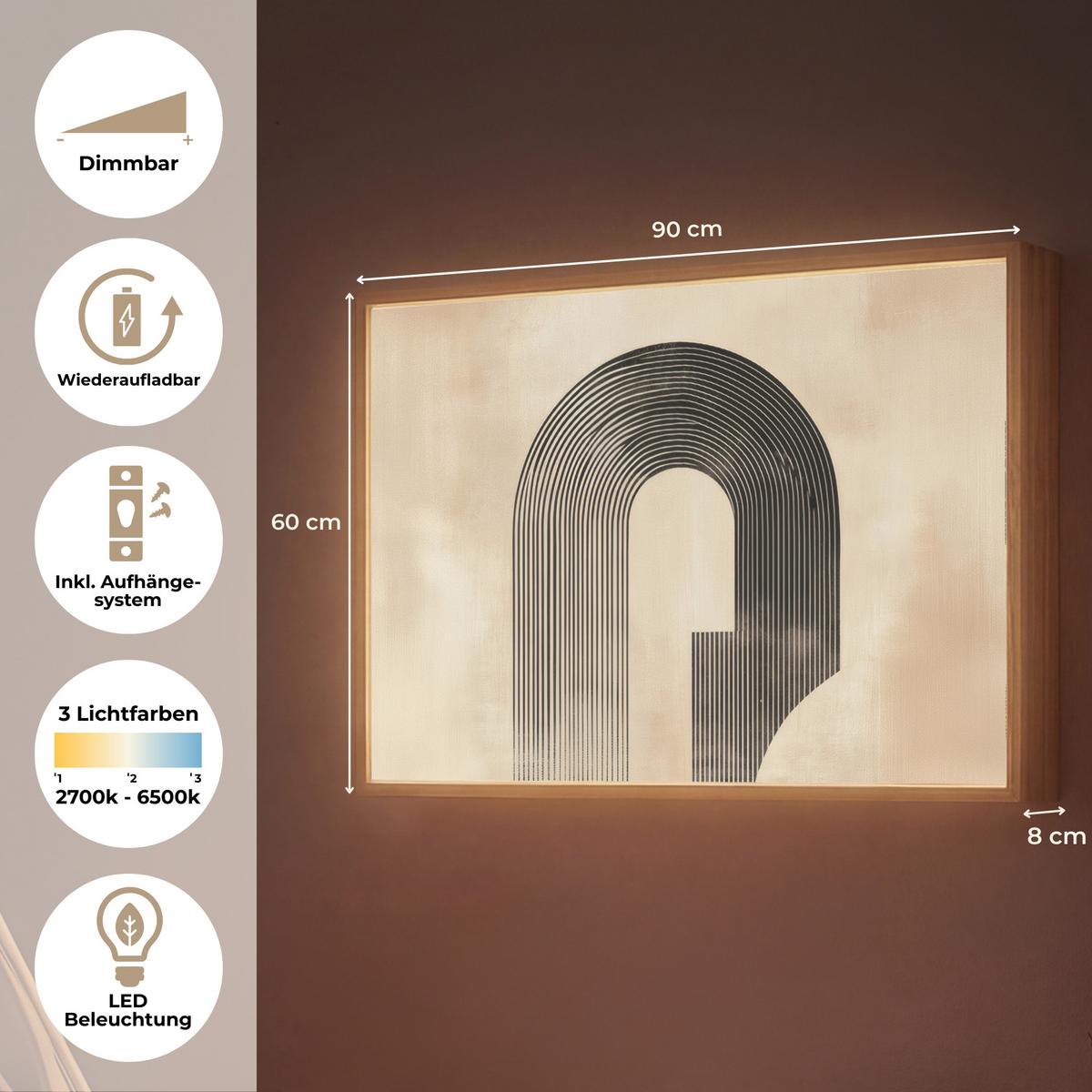 WANDLEUCHTE MIT AKKU Schleife - Streifen - Minimalistisch - Schwarz 90x60 cm - Beige, Holzwerkstoff (90/60/8cm) - OnlyWow