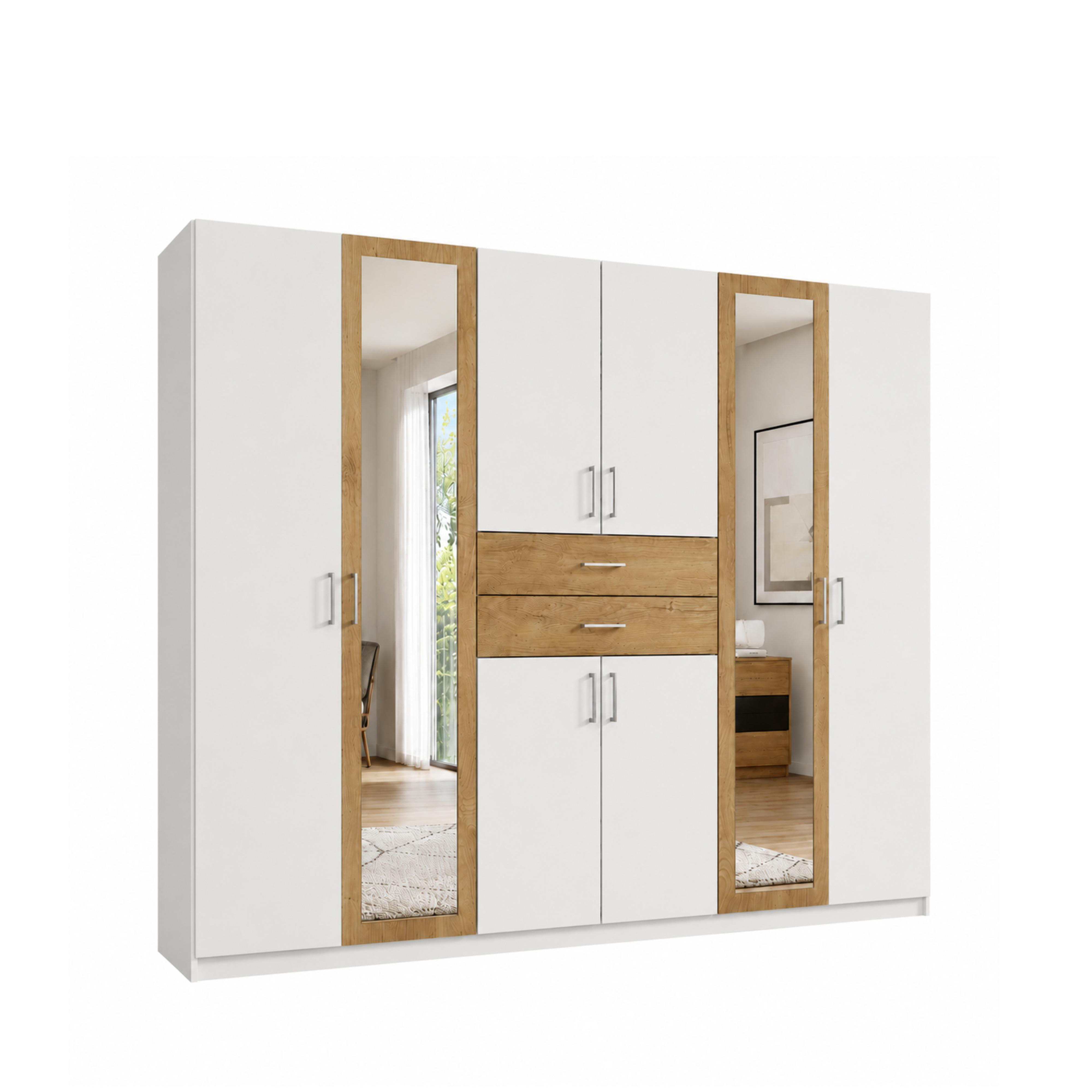 DREHTÜRENSCHRANK B270/H208/T58 cm Weiß mit Absetzungen in Eiche Dekor, Kleiderschrank mit 2 Spiegeltüren & Schubkästen / 22595 - Eichefarben/Silberfarben, Holzwerkstoff/Kunststoff (270/208/58cm) - luma-home