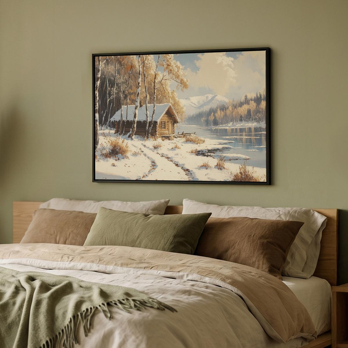 LEINWAND Bilder mit Rahmen - Winter - Schnee - Zuhause - Natur - 80x60 - Hellbraun, Textil (80/60cm) - MuchoWow