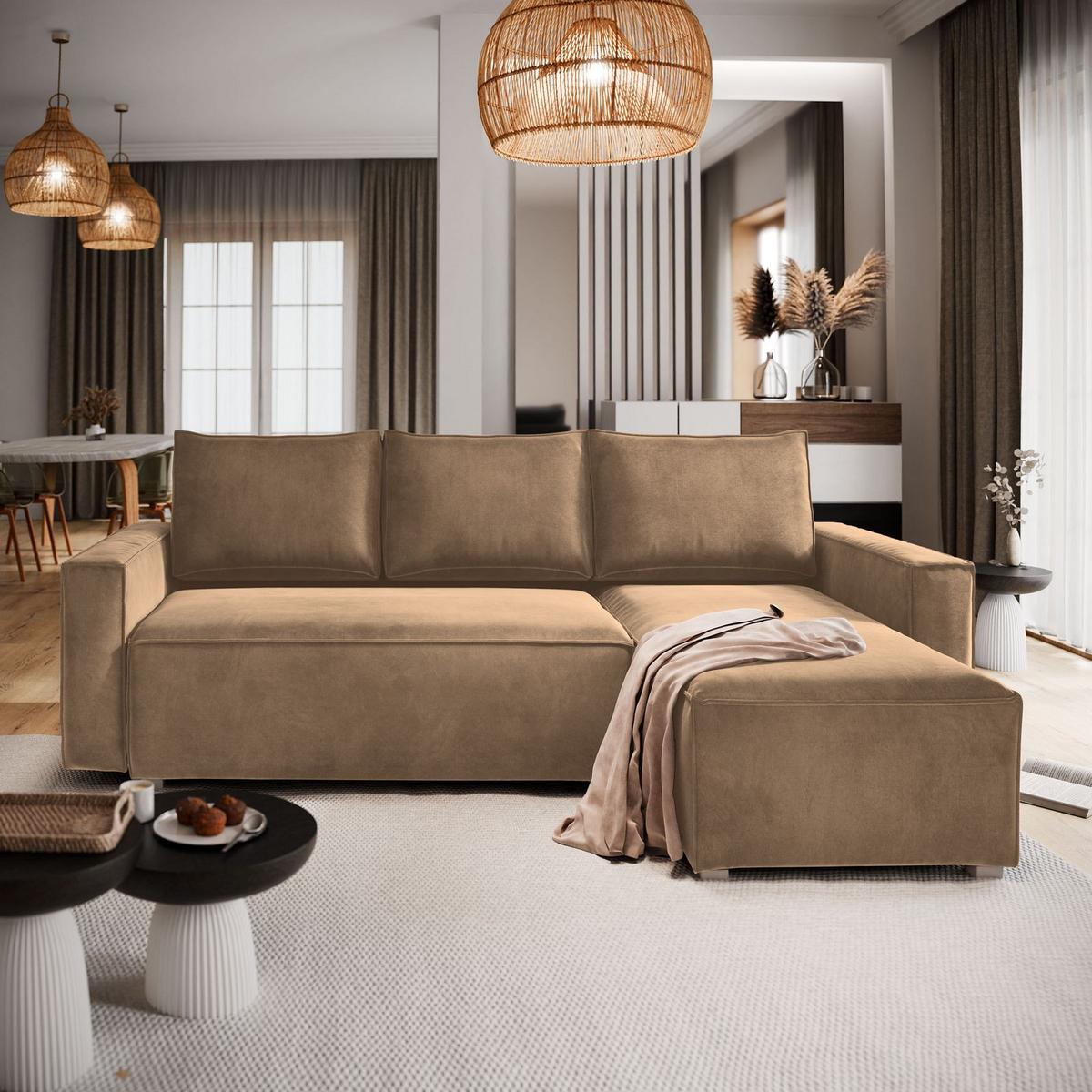 ECKSOFA SILES Beige Velours-Stoff mit Schlaffunktion - Beige/Grau, Holz/Kunststoff (230/140cm) - MASSENO