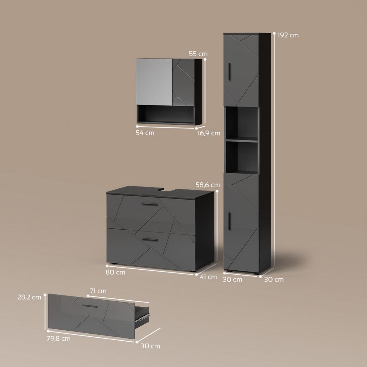 BADMÖBEL-SET Ronco Anthrazit Hochglanz 3 Teile, mit Schubladenschrank und Hochschrank - Schwarz Hochglanz, Holzwerkstoff (80/58/41cm) - Livinity®
