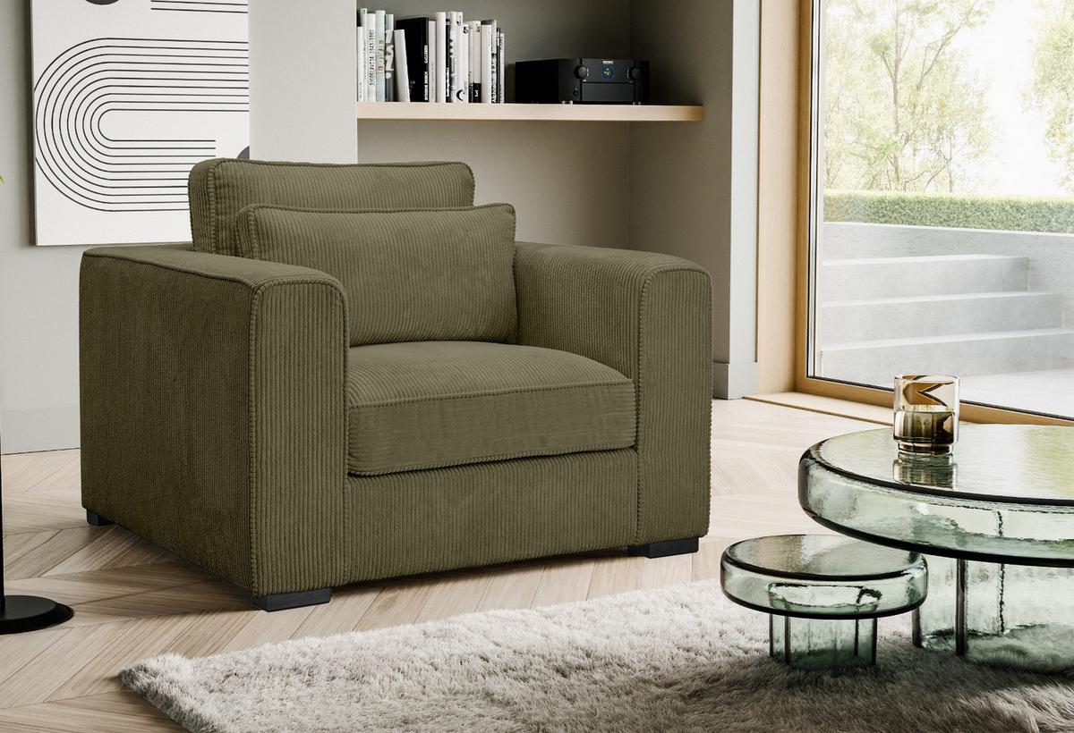 SESSEL khaki Cord, Loungesessel 120 cm, Wohnzimmersessel mit Wellenfederung - Dunkelgrün/Schwarz, Holzwerkstoff/Kunststoff (120/92/112cm) - Inn.Furn