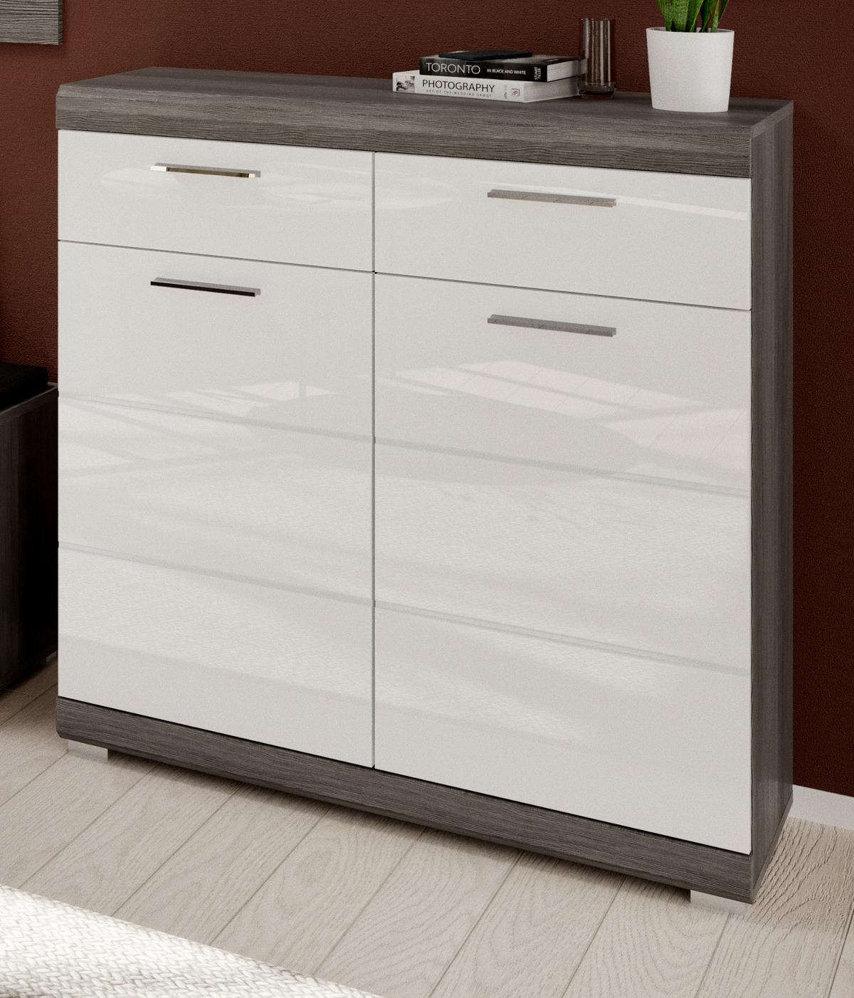 SCHUHSCHRANK weiß Hochglanz, Rauchsilber grau 90 cm, Flur Kommode mit Vollauszug - Chromfarben/Weiß Hochglanz, Holzwerkstoff/Kunststoff (90/96/37cm) - Inn.Furn