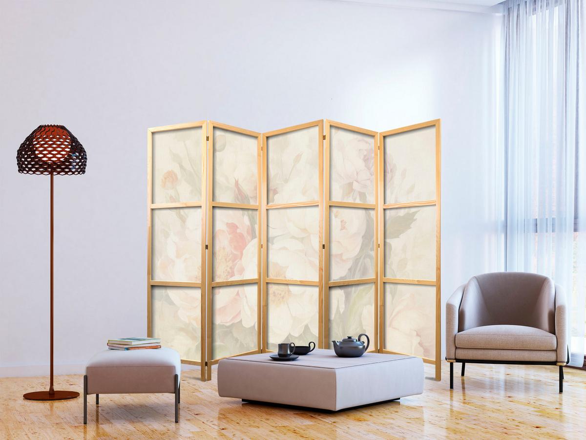 PARAVENT Japanischer 5-tlg 225x172 cm Pastellblumen - Beige, Holz/Textil (225/172/3cm) - Muralo