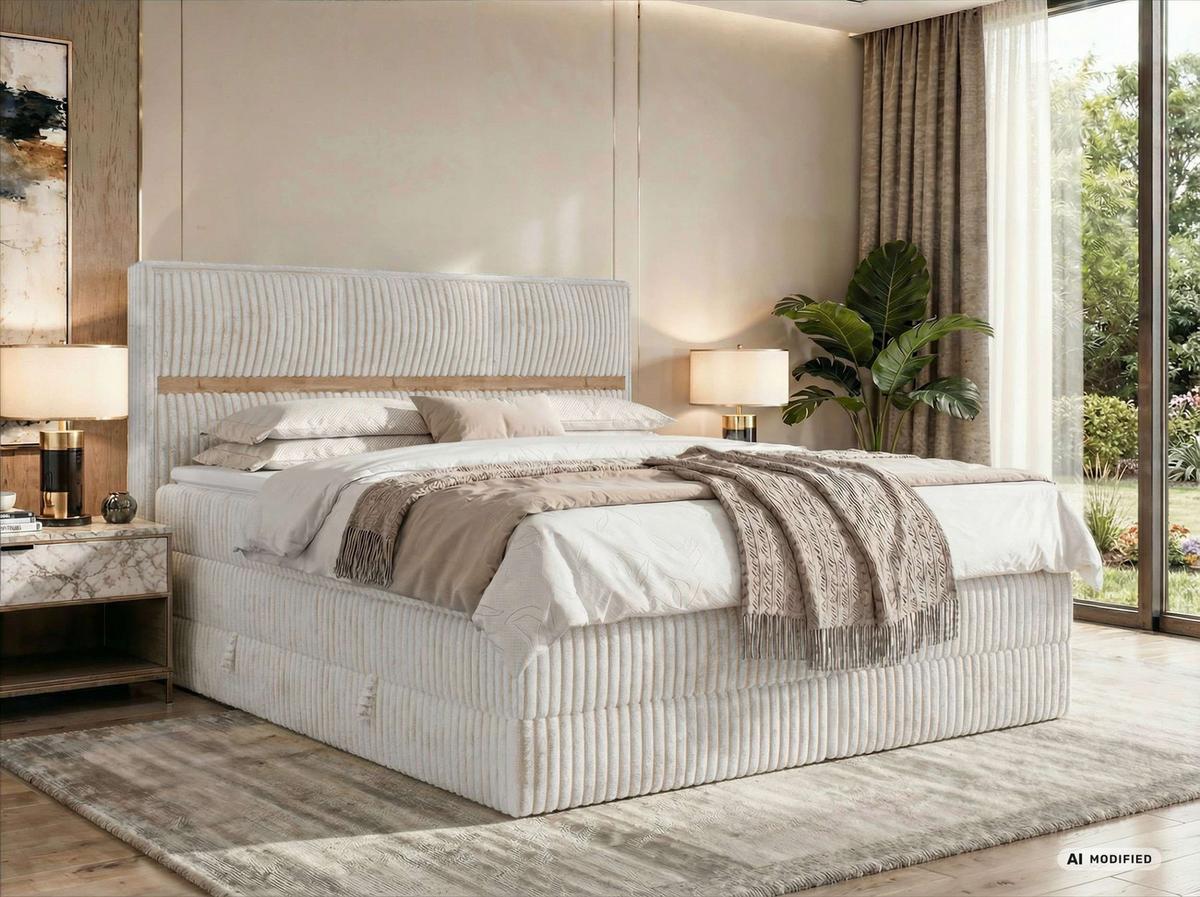 BOXSPRINGBETT ORVO KING 160/200 - Beige Cord - Topper Visco - H3 - Beige/Schwarz, Kunststoff/Textil (160/200cm) - MKS