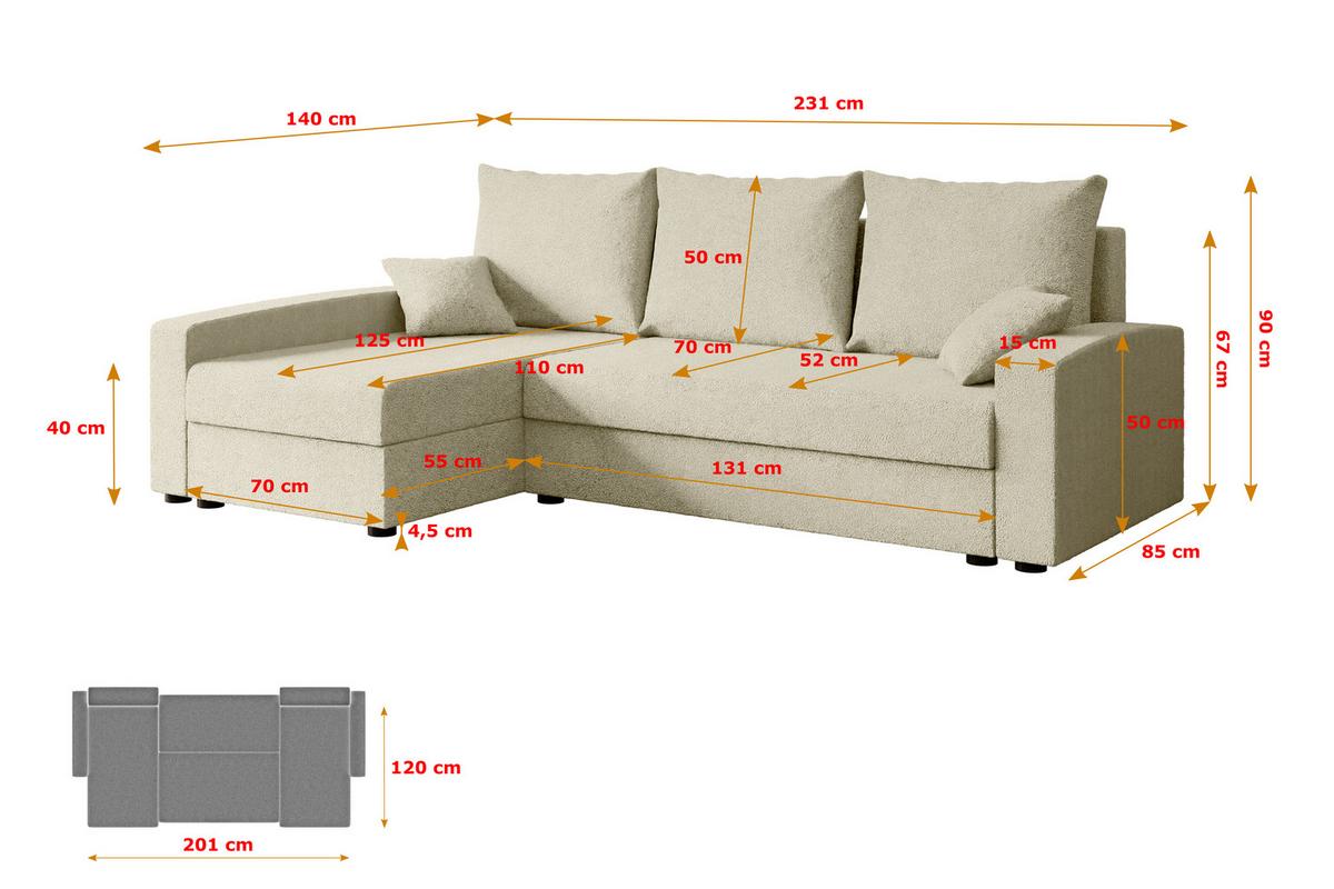 ECKSOFA mit Schlaffunktion und Bettkasten ALESIA-L 231x140x90 cm Beige Bouclé - Beige/Silberfarben, Holzwerkstoff/Kunststoff (231/140cm) - ALTDECOR