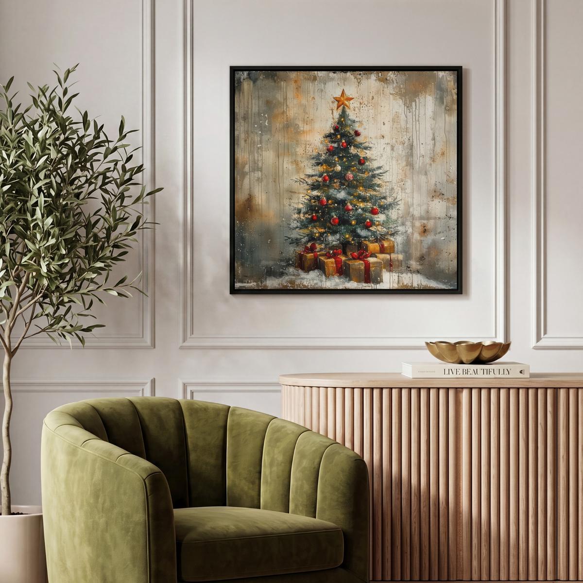 LEINWAND Bilder mit Rahmen - Weihnachtsbaum - Vintage - Weihnachten - Geschenk - 50x50 - Rostfarben, Textil (50/50cm) - MuchoWow