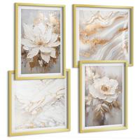 BILDER SET 4er Set - 50x50 cm & 40x60 cm Goldrahmen - Blumen, heller Hintergrund, Marmormuster - Goldfarben, Kunststoff (50/50cm) - TULUP