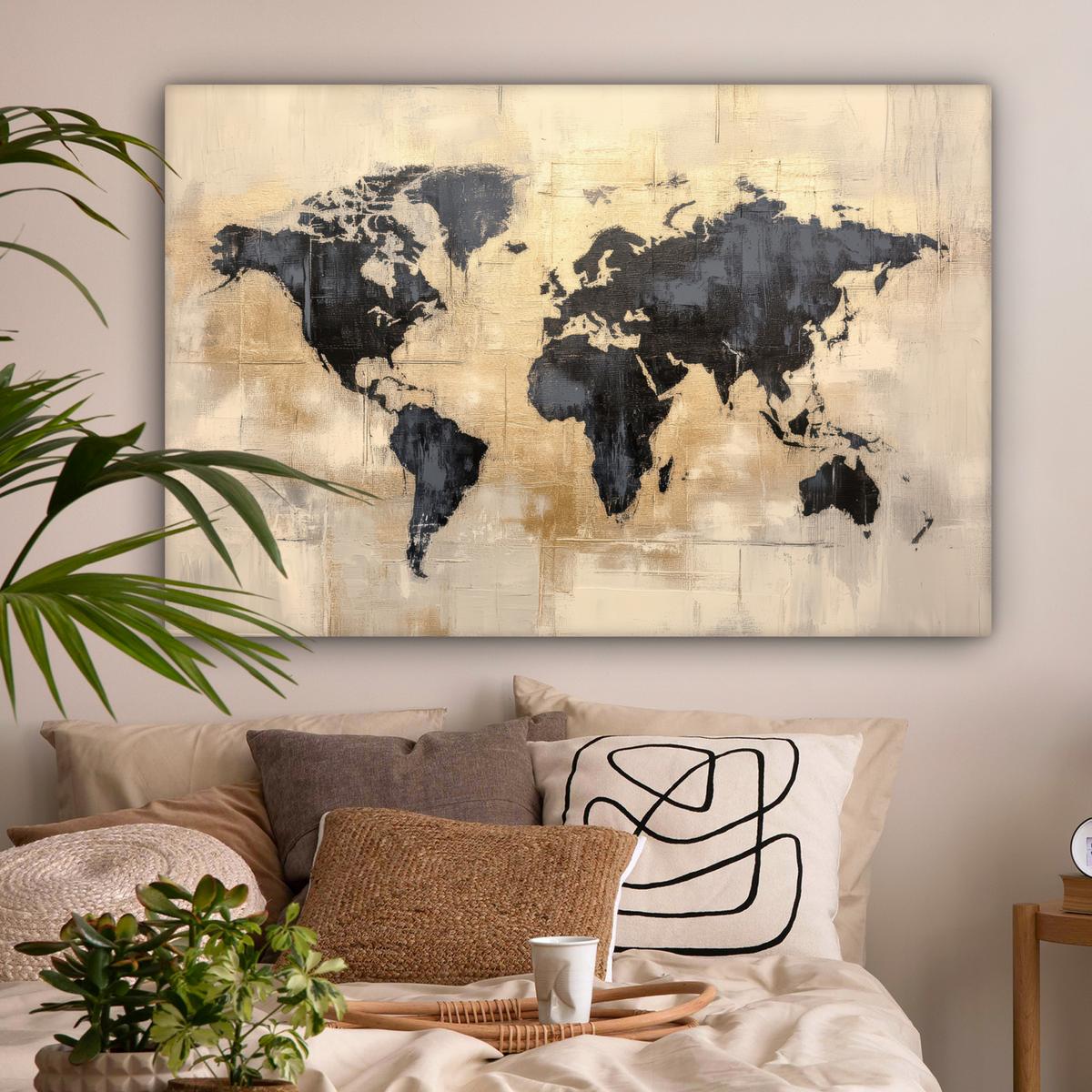 LEINWANDBILD Weltkarte - Gold - Schwarz - Abstrakt XXL 150x100 cm - Kupferfarben, Textil (150/100cm) - MuchoWow