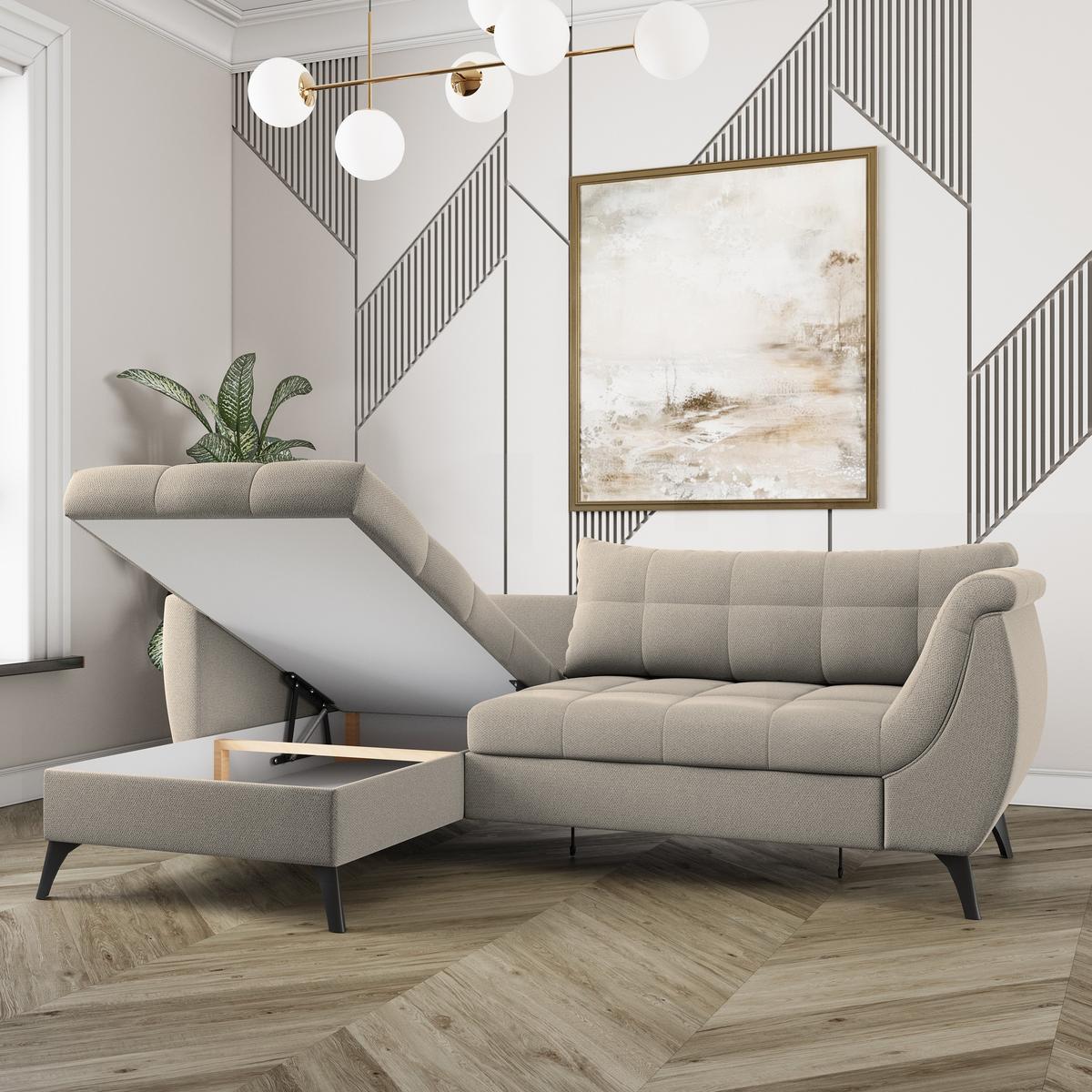 ECKSOFA MOLLIS Beige Geflochtener-Stoff mit Schlaffunktion - Beige, Holz (241/154cm) - MASSENO
