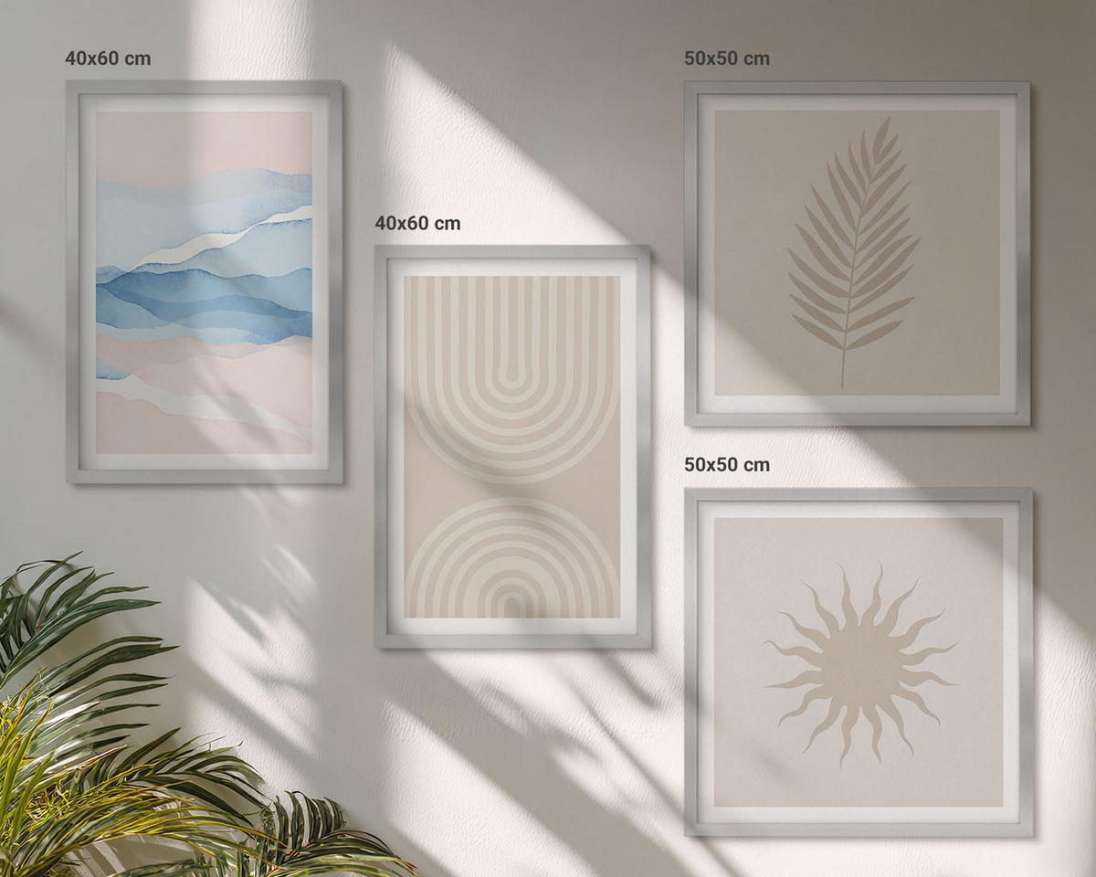 BILDER SET 4er Set - 50x50 cm & 40x60 cm Silberner Rahmen - Abstrakte Linien der Sonnenwellen - Silberfarben, Kunststoff (50/50cm) - TULUP