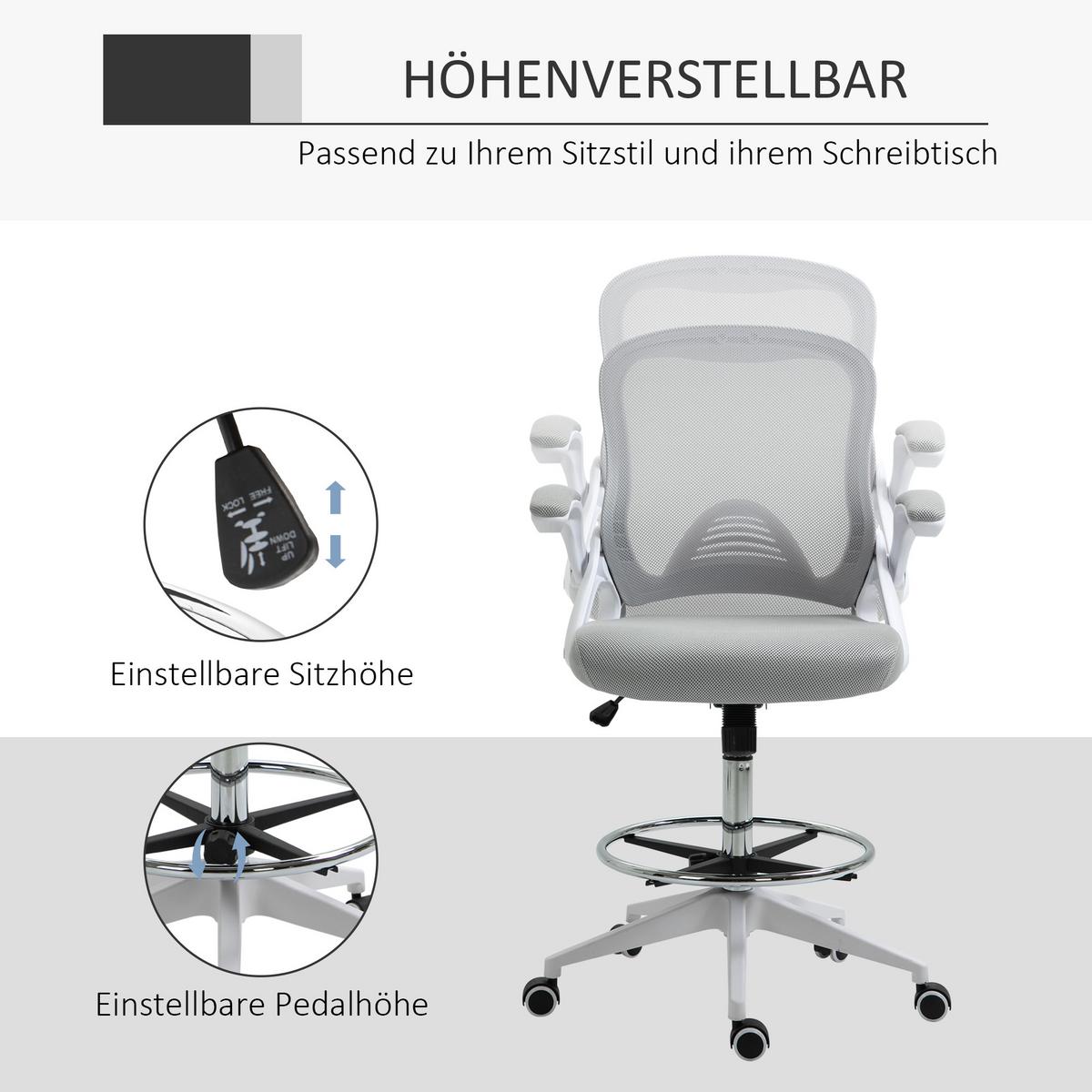 BÜROSTUHL Ergonomischer Schreibtischstuhl mit Hochklappbaren Armlehnen Netz - Hellgrau, Kunststoff (60/126/64cm) - Vinsetto