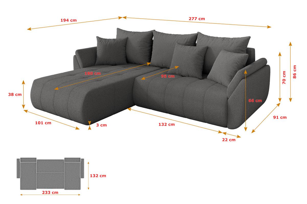 ECKSOFA mit Schlaffunktion Ottomane Links TOKO-L 277x194x86 Grau Bouclé - Schieferfarben/Schwarz, Holzwerkstoff/Kunststoff (277/194cm) - ALTDECOR
