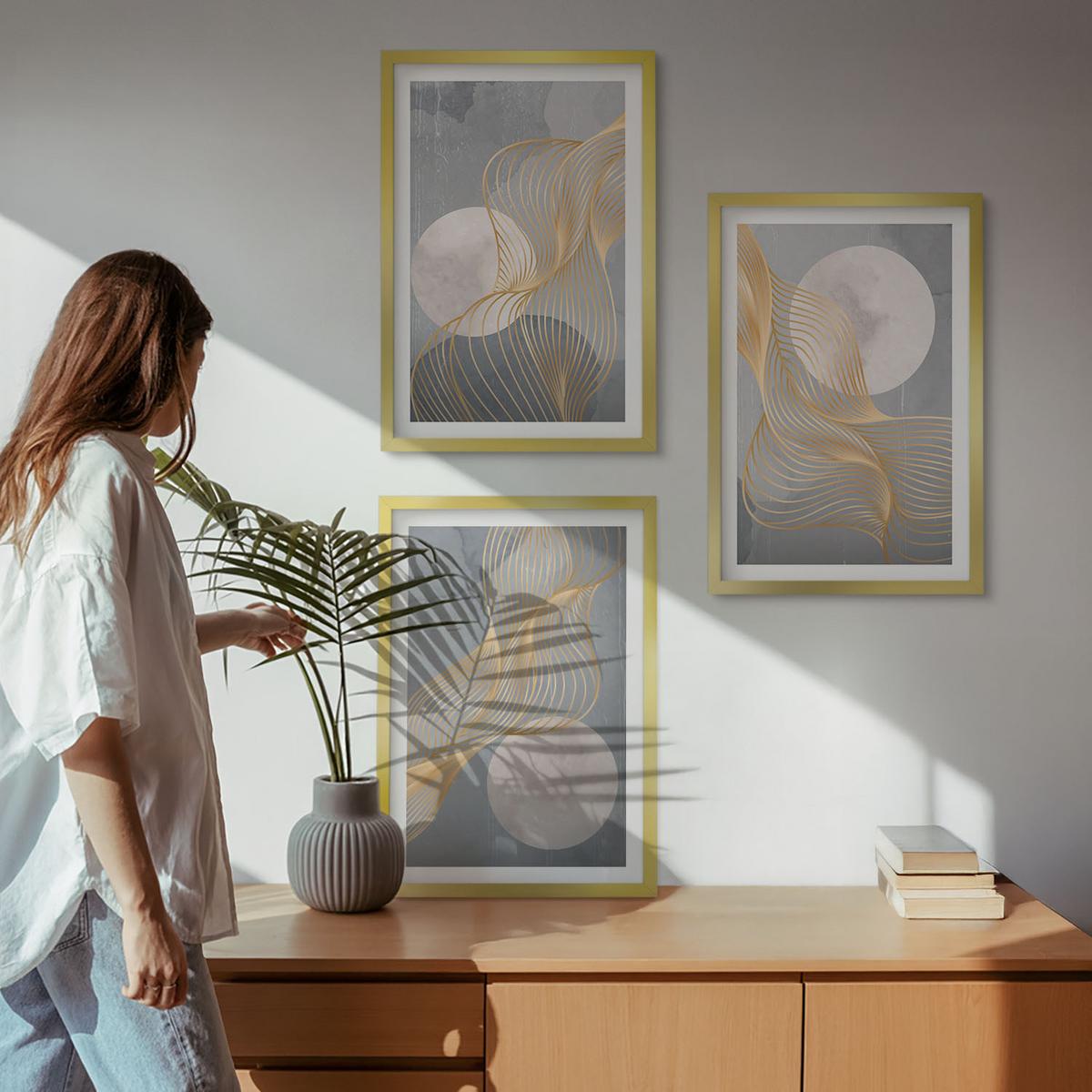 BILDER SET 3er Set - 40x60 cm Goldrahmen - Abstrakte Muster Wellen Kreise - Goldfarben, Kunststoff (40/60cm) - TULUP
