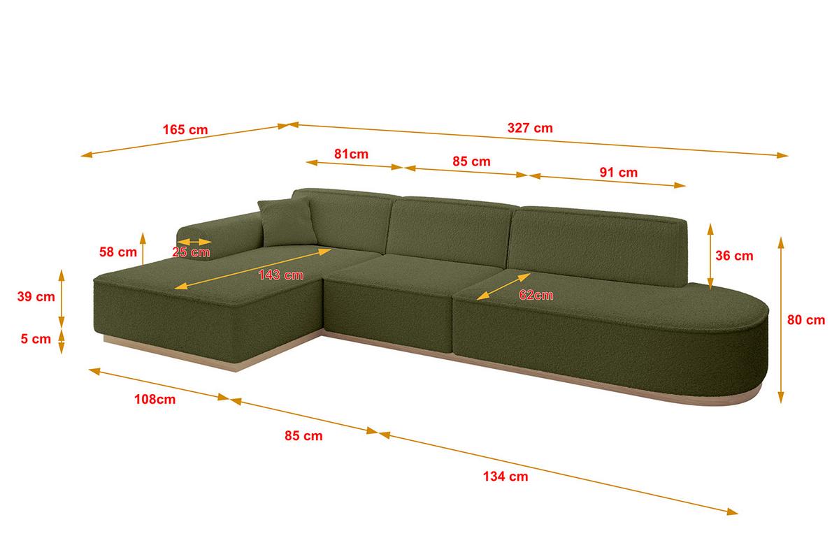 ECKSOFA Ottomane Links IREA-L2 - 327x165x80 cm Grün - Platinfarben, Holzwerkstoff/Textil (327/165cm) - ALTDECOR