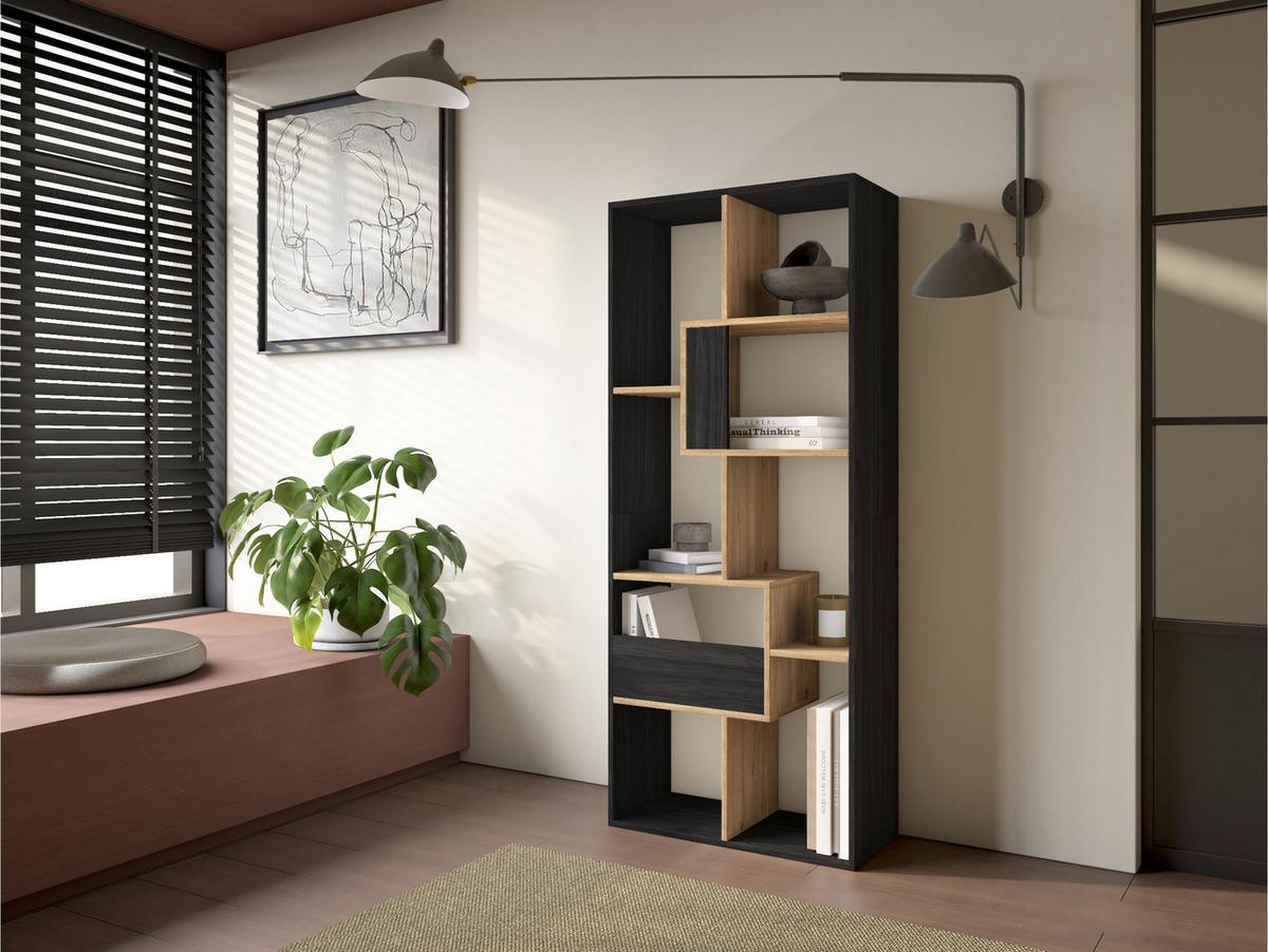 REGAL Bibliothek, Schwarz und Eiche, 67/31/162cm - Eichefarben/Schwarz, Holzwerkstoff (67/162/31cm) - Skraut Home
