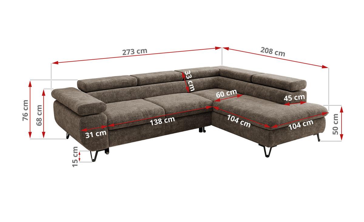 ECKSOFA PABLO L Braun Schenille grob gewebt - Links Seite mit T25 Topper - Schwarz/Braun, Textil/Metall (208/273cm) - MKS
