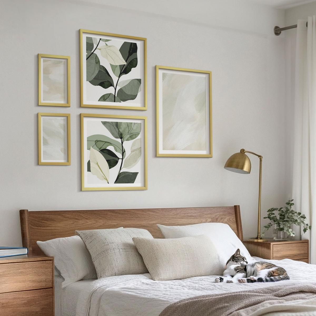 BILDER SET 5er Set - 50x50 cm & 20x30 cm & 40x60 cm Goldrahmen - Leuchtende, abstrakte Boho-Farben - Goldfarben, Kunststoff (40/60cm) - TULUP
