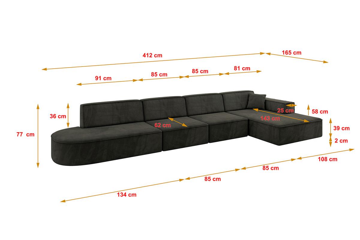 ECKSOFA Ottomane Rechts IREA-L3-v4 - 412x165x77 cm Schwarz - Schwarz, Holzwerkstoff/Textil (412/165cm) - ALTDECOR