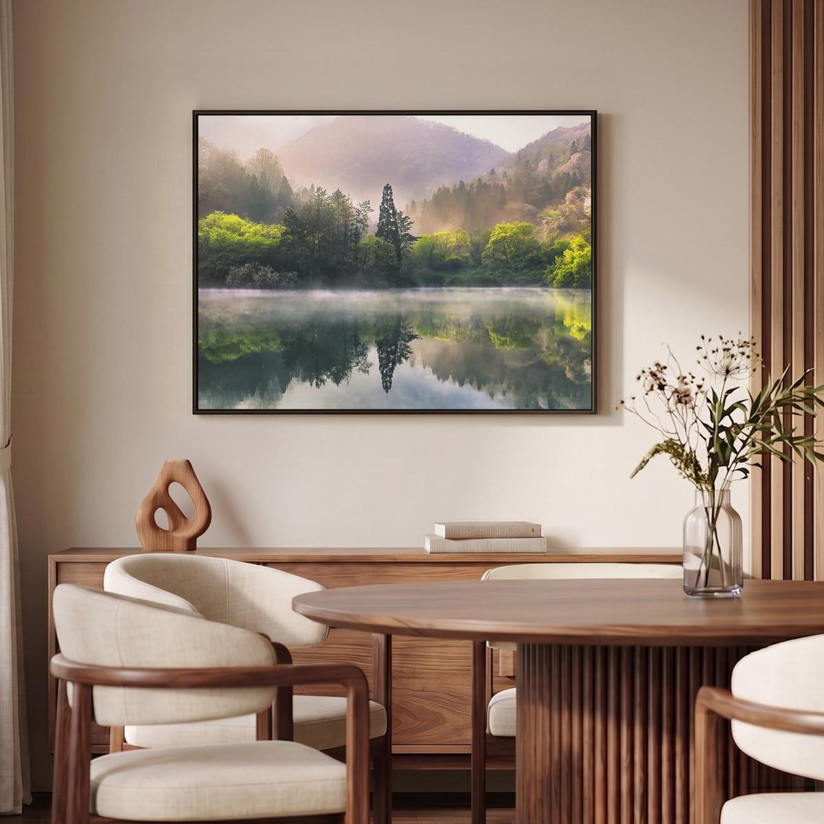 LEINWAND Bilder mit Rahmen - Natur - Bäume - Berge - See - Wasser - 100x70 - Hellgrün, Textil (100/70cm) - MuchoWow