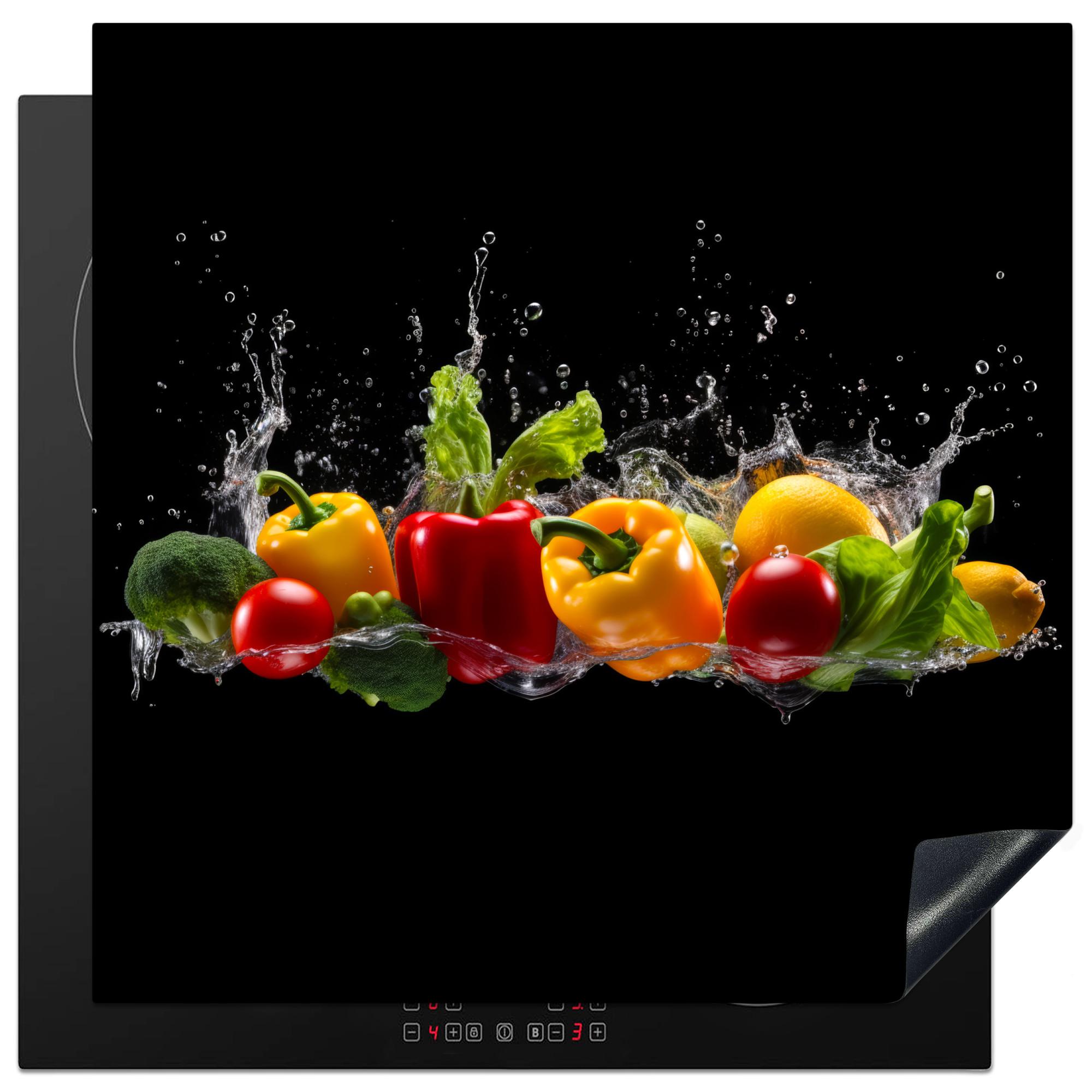 HERDABDECKPLATTE Paprika - Wasser - Gemüse - Schwarz Induktionsmatte 78x78 cm - Multicolor, Kunststoff (78/78/0.2cm) - MuchoWow