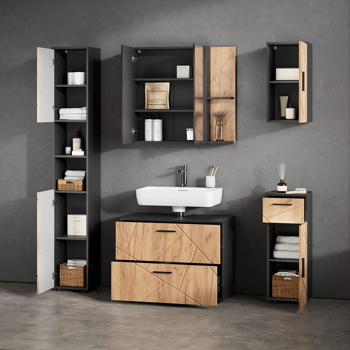 SPIEGELSCHRANK Ronco Anthrazit/Goldkraft Eiche 80 x 75 cm - Honigeiche/Anthrazit, Holzwerkstoff (80/75/17.2cm) - Livinity®