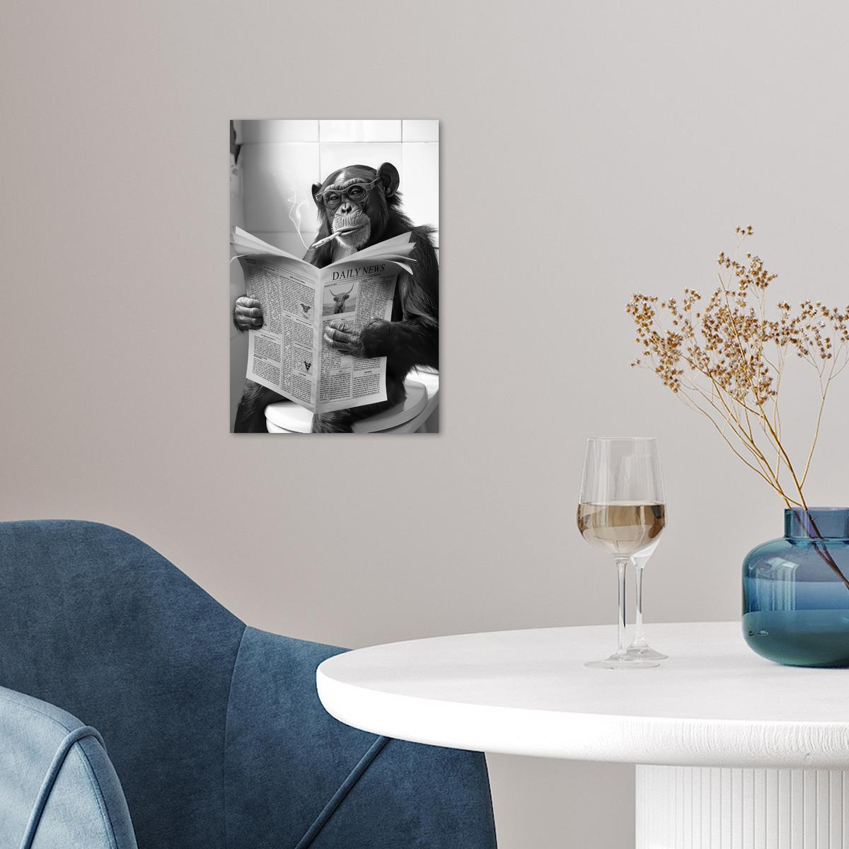 POSTER Affe - WC - Zeitung - Schwarz-Weiß - Humor Room Decor 20x30 cm - Hellgrau, Papier (20/30/0.1cm) - MuchoWow