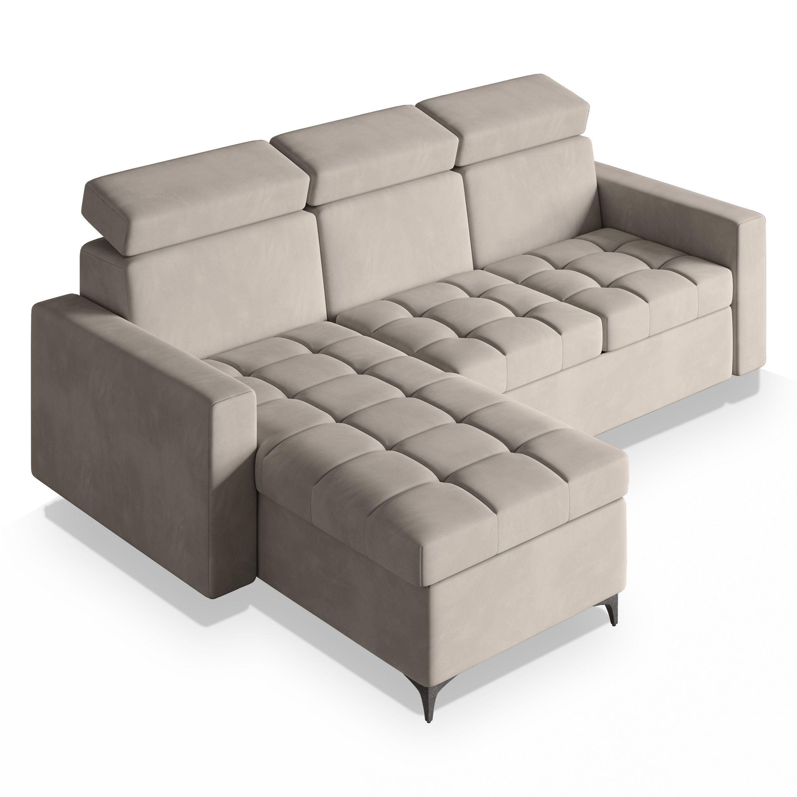 ECKSOFA KAME Beige Plüsch-Stoff mit Schlaffunktion - Beige/Schwarz, Holz/Textil (227/168cm) - MASSENO