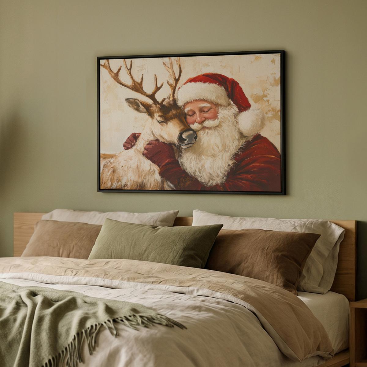 LEINWAND Bilder mit Rahmen - Weihnachtsmann - Rentier - Weihnachten - 70x50 - Rotbraun, Textil (70/50cm) - MuchoWow