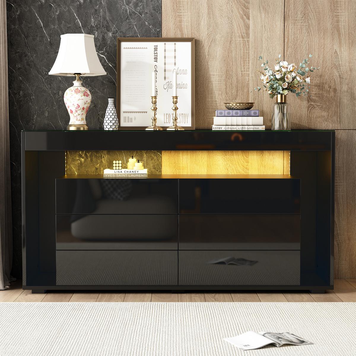SIDEBOARD mit 6 Schubladen und LED Schwarz - Schwarz, Glas/Holzwerkstoff (40/72/140cm) - Urban Meuble