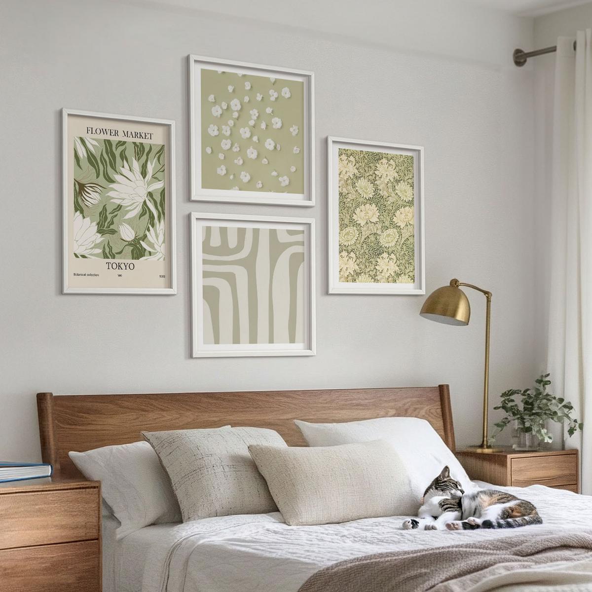BILDER SET 4er Set - 50x50 cm & 40x60 cm Weißer Rahmen - Boho-Pflanzenkompositionen in Pastellfarben - Weiß, Kunststoff (50/50cm) - TULUP