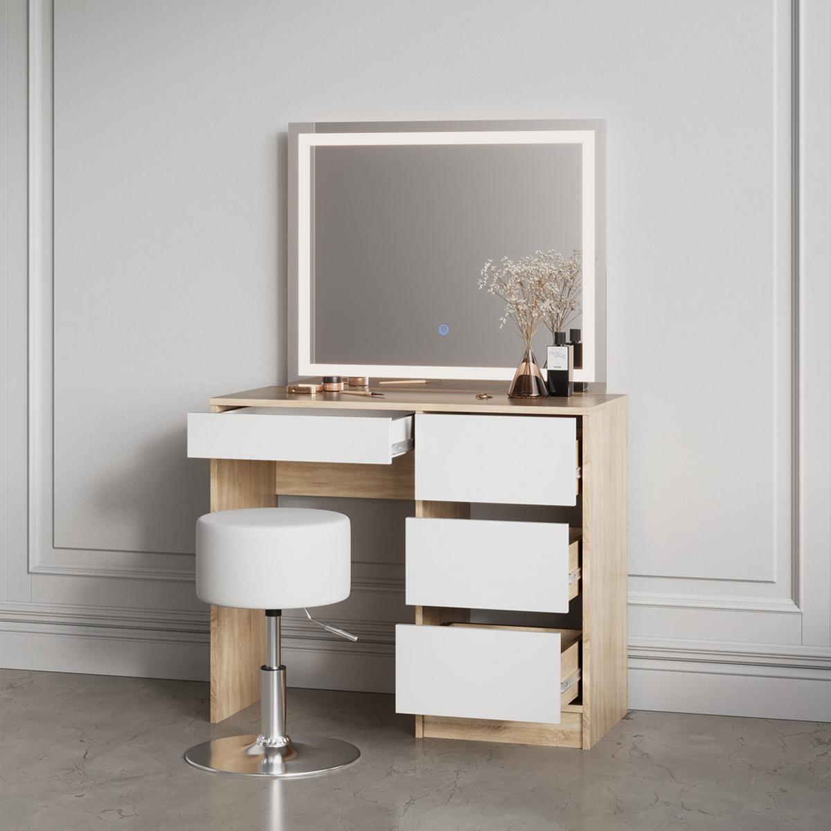 SCHMINKTISCH Imola Sonoma mit LED-Spiegel und Hocker - Sonoma Eiche, Holzwerkstoff (90/75/40cm) - Livinity®
