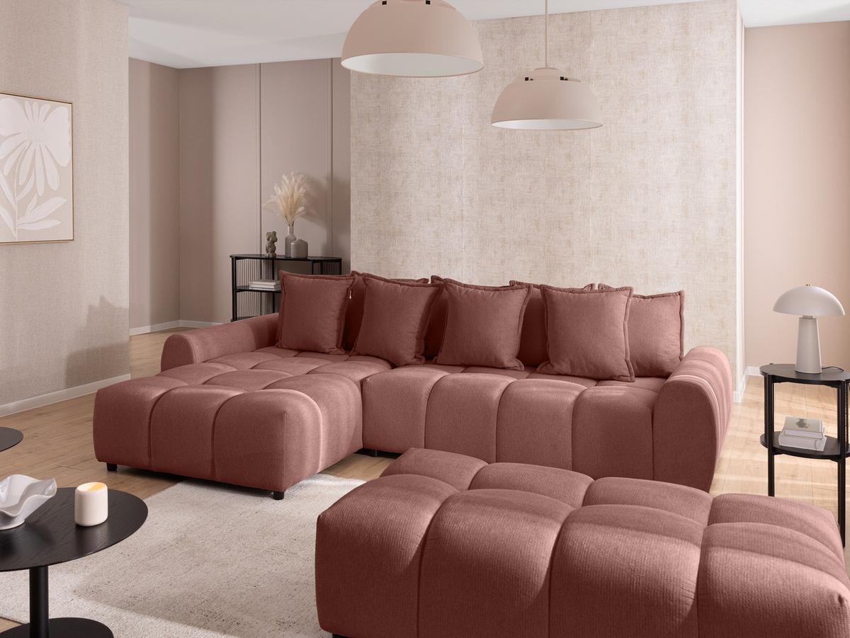 ECKSOFA inkl. Hocker Bubble mit Schlaffunktion und losen Rückenkissen, Sitzfläche Bubble-Optik aus weichem Terrakotta Strukturstoff - Ottomane Links - Terracotta/Schwarz, Holz/Kunststoff (180/306cm) - S-Style Möbel