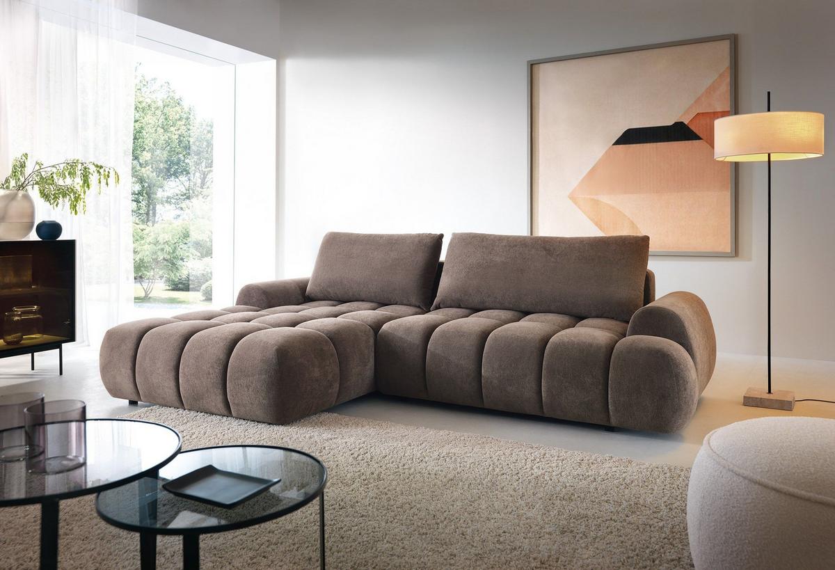 ECKSOFA GARDA Braun Plüsch-Stoff mit Schlaffunktion - Braun, Holz (280/131cm) - MASSENO