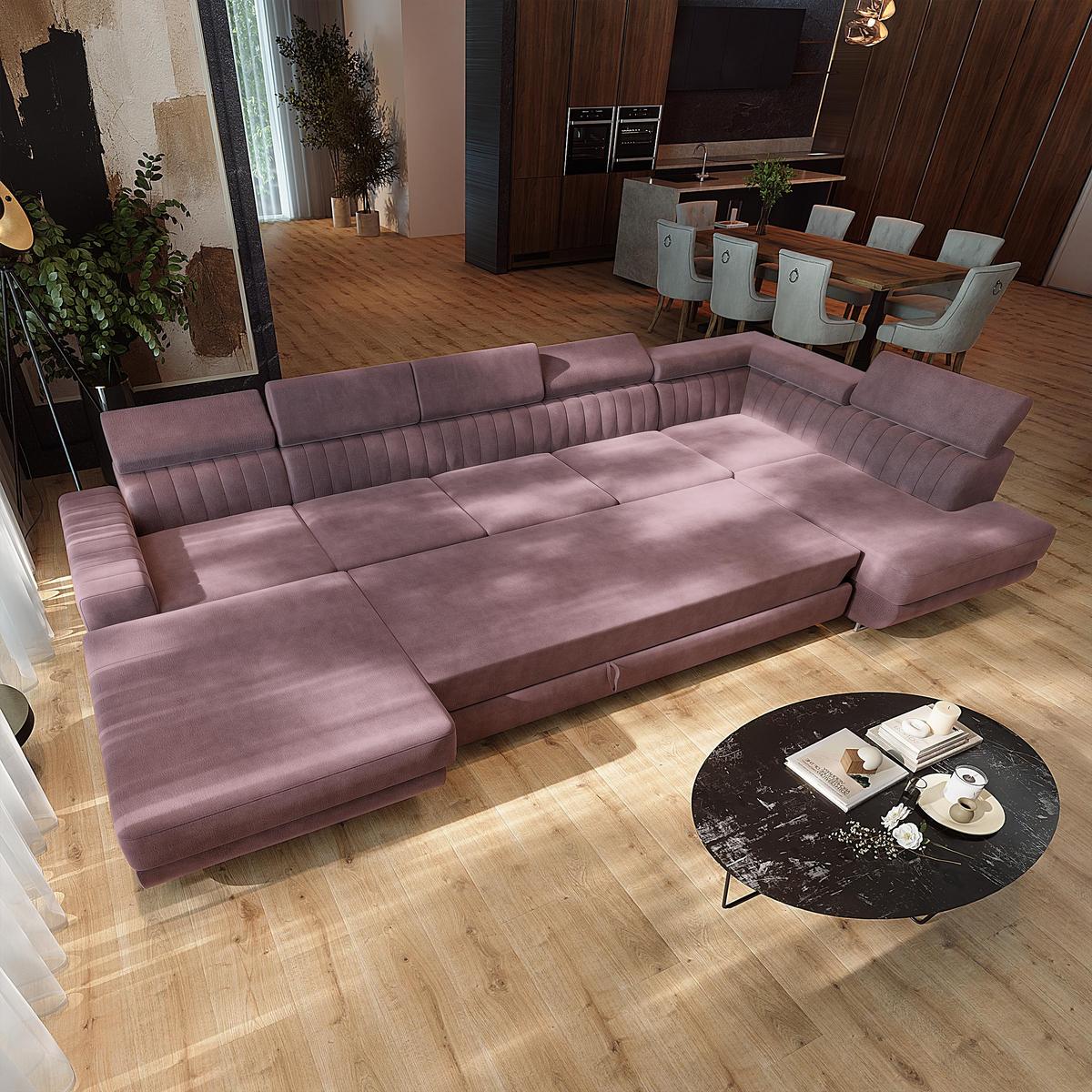 WOHNLANDSCHAFT GAIAN Lila Velours-Stoff mit Schlaffunktion - Lila, Holz (412/88/190cm) - MASSENO