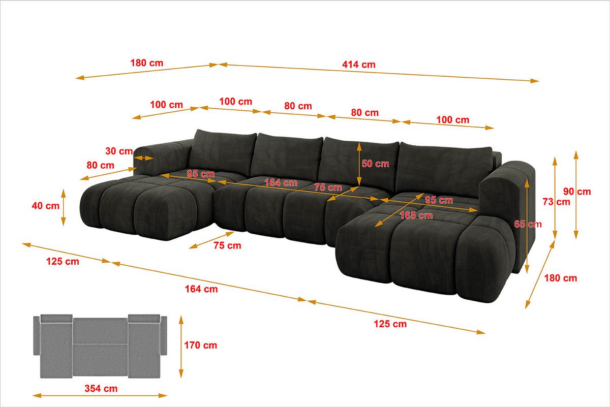WOHNLANDSCHAFT CLOUD-U 405x185x90 Schwarz Velours - Schwarz, Holzwerkstoff/Kunststoff (405/90/185cm) - ALTDECOR