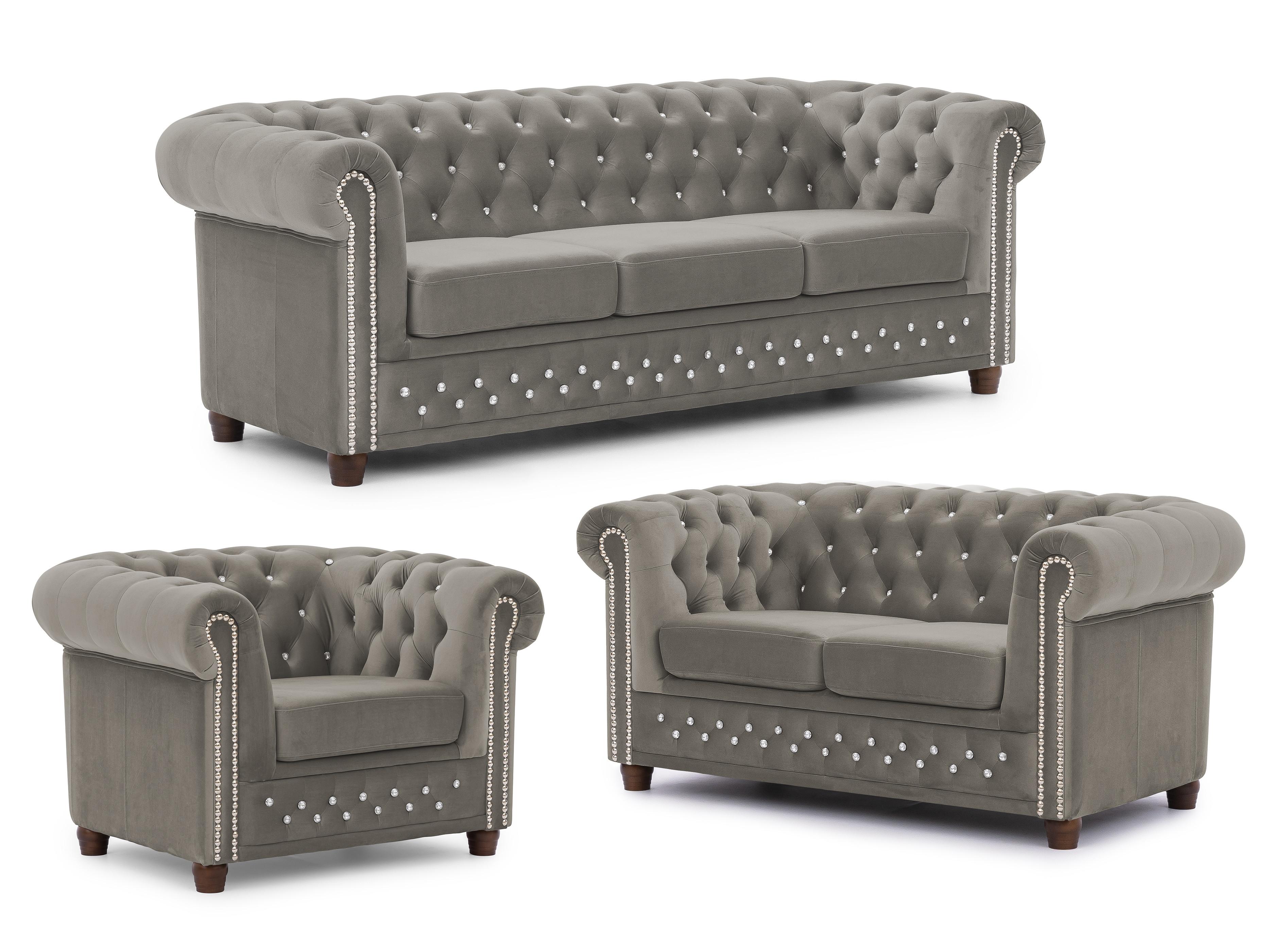 SITZGARNITUR 3+2+1 Chesterfield Cleo Blink Grau Samt mit Kristallsteppung und braunen Massivholzfüßen - Braun/Grau, Holz/Textil (203/72/86cm) - S-Style Möbel
