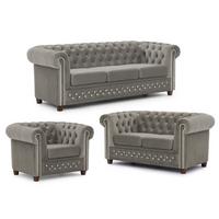 SITZGARNITUR 3+2+1 Chesterfield Cleo Blink Grau Samt mit Kristallsteppung und braunen Massivholzfüßen - Braun/Grau, Holz/Textil (203/72/86cm) - S-Style Möbel