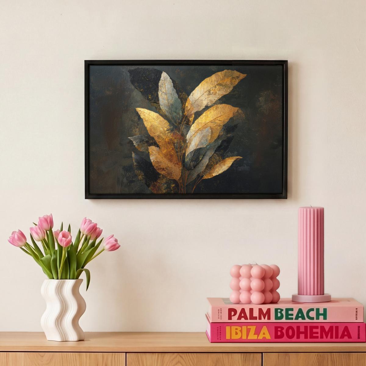 LEINWAND Bilder mit Rahmen - Golden Leaf Komposition - Botanical Luxury - 30x20 - Goldfarben, Textil (30/20cm) - MuchoWow