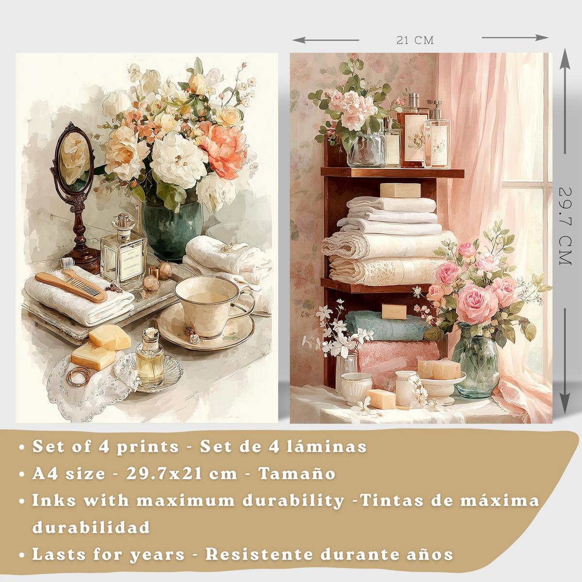 POSTER 4er-Set dekorative Badezimmerdrucke, romantischer Stil, Bilder mit Blumen, Parfums und Schminktisch, elegante, Leichter Holzrahmen A4 - Beige, Papier (29.7/21/3cm) - Nacnic