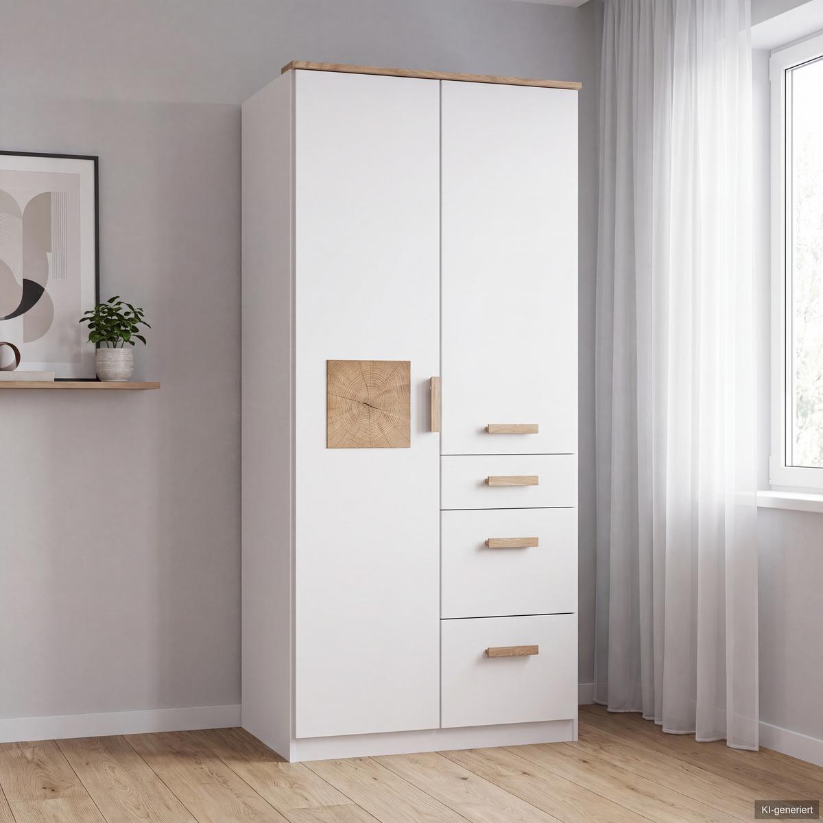 BABYZIMMER-SET 3-tlg.: Babybett & Wickelkommode & Kleiderschrank 2-türig B91/H199/T58 cm, Weiß mit Eiche & Hirnholz Dekor / 22812 - Eichefarben/Weiß, Holzwerkstoff (91/199/58cm) - luma-home