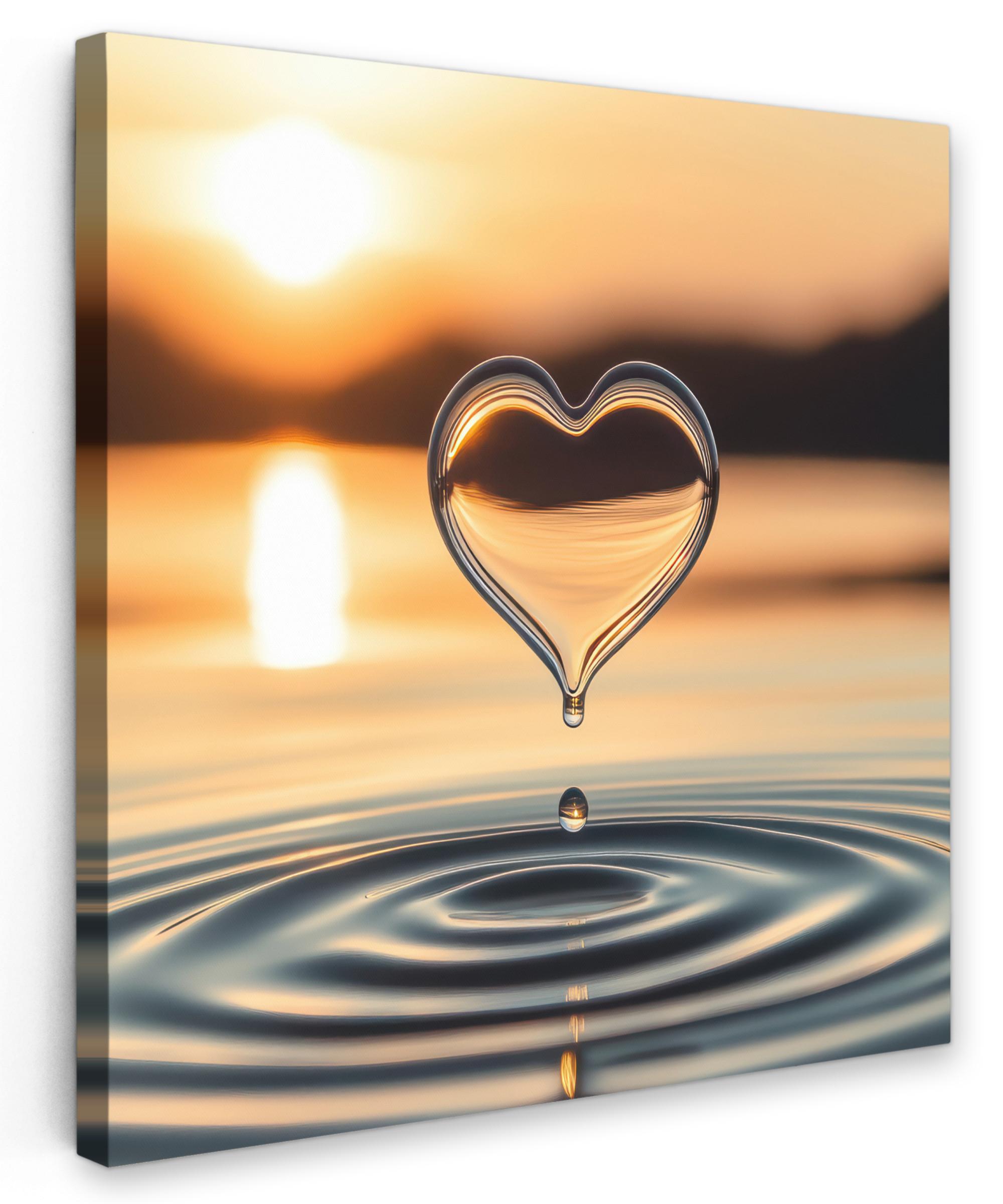 LEINWANDBILD Herz - Wasser - Sonnenuntergang - Natur - Zen Wandbild Wohnzimmer 50x50 cm - Bernsteinfarben, Textil (50/50cm) - MuchoWow