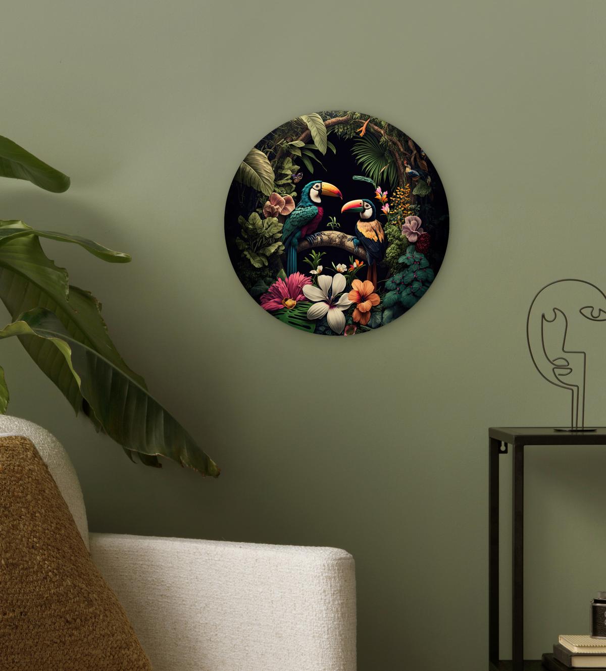 WANDBILD Vogel - Blumen - Pflanzen - Dschungel - Schwarz - Tukan Deko Wohnzimmer 30x30 cm - Smaragdgrün, Kunststoff (30/30cm) - MuchoWow