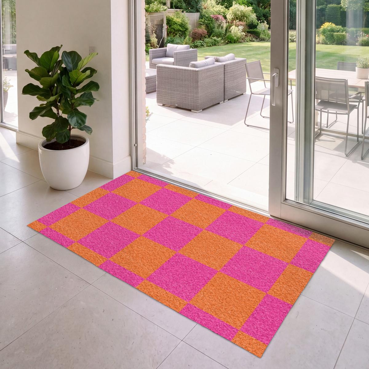 FUSSMATTE Schachbrettmuster - Orange - Rosa - Blöcke Schmutzfangmatte 150x90 cm - Pink, Kunststoff (150/0.4cm) - MuchoWow