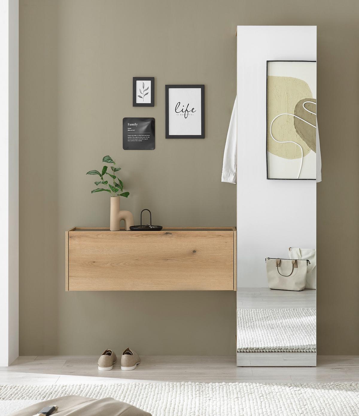 GARDEROBE Evoke Eiche 50 x 200 cm, Kompaktgarderobe mit Spiegel - Eichefarben/Schwarz, Glas/Holzwerkstoff (50/200/30cm) - Furn.Design