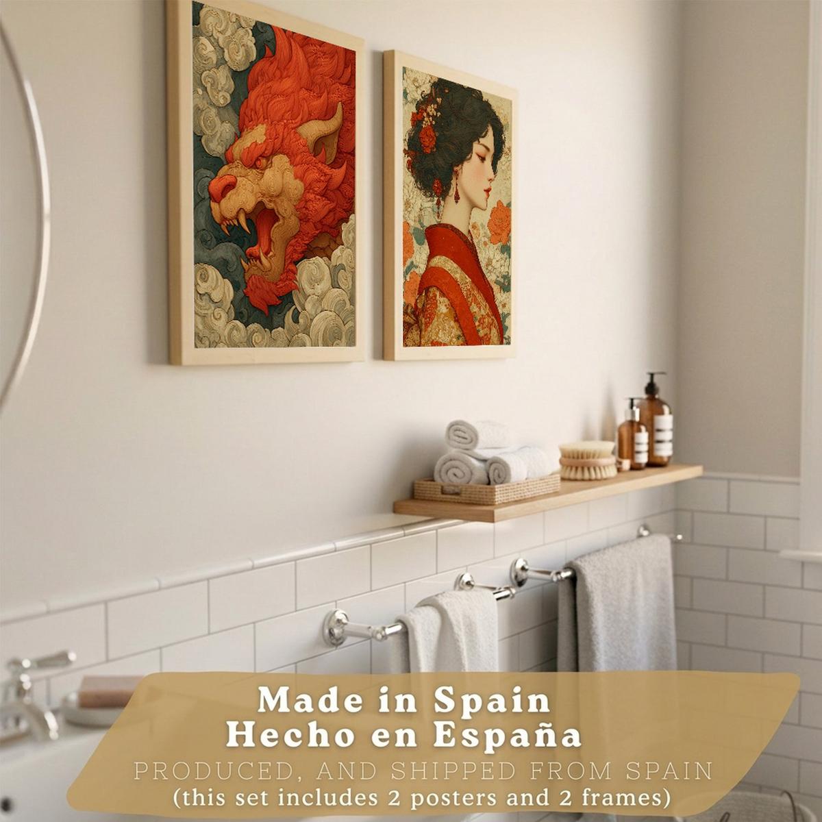 POSTER 2er-Set dekorative Badezimmer-Kunstdrucke, im japanischen Stil für Wand, Toilette mit orientalischem Drachen und Frau Leichter Holzrahmen A3 - Beige, Papier (42/29.7/3cm) - Nacnic