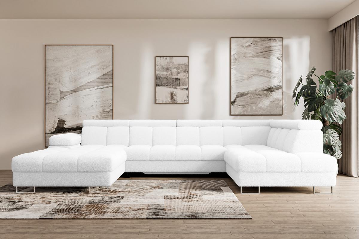 WOHNLANDSCHAFT mit Schlaffunktion und Bettkasten Ottomane RECHTS COMA U 345x203x79 Weiß Bouclé - Weiß, Holzwerkstoff/Textil (203/79/345cm) - ALTDECOR