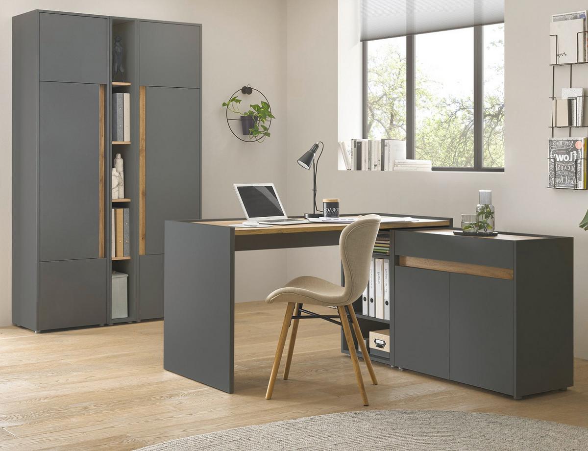 AKTENSCHRANK Set 3-teilig grau, Eiche Wotan 120 x 200 cm, Schrank-Regal-Kombination mit 15 Fächern - Eiche Wotan/Schwarz, Holzwerkstoff/Kunststoff (120/200/40cm) - Furn.Design